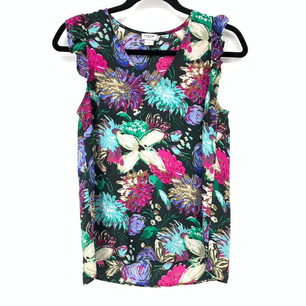 J. Crew Women's Sz 4 Floral Chiffon Ruffle Flutter Sleeve Blouse Top Multicolor